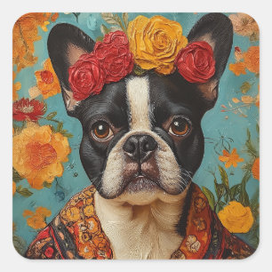 Pegatina Cuadrada Bulldog francés como Frida Kahlo