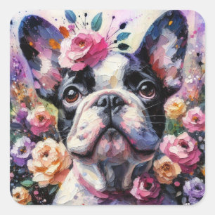 Pegatina Cuadrada Bulldog francés con Rosas Pintura impresionista