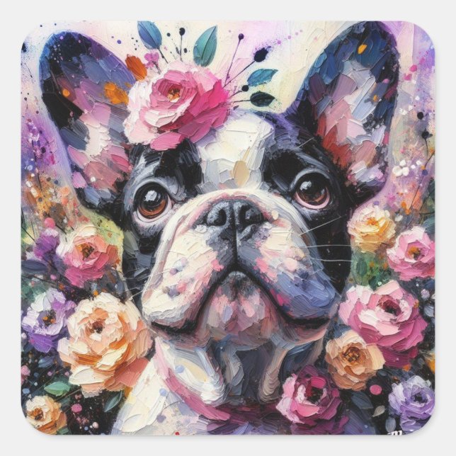 Pegatina Cuadrada Bulldog francés con Rosas Pintura impresionista (Anverso)