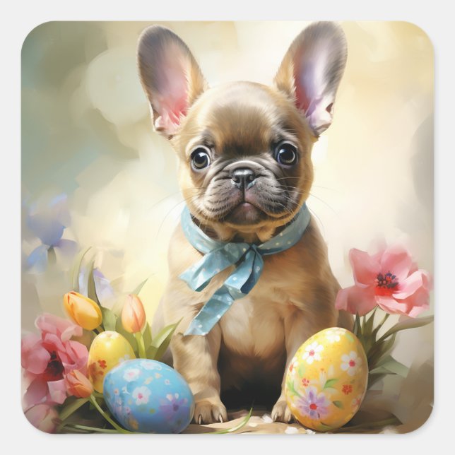 Pegatina Cuadrada Bulldog francés de Pascua (Anverso)