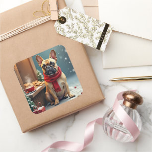 Pegatina Cuadrada Bulldog Francés en Mercado de Navidad Vintage