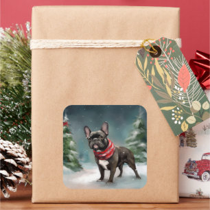 Pegatina Cuadrada Bulldog francés en Navidades de nieve