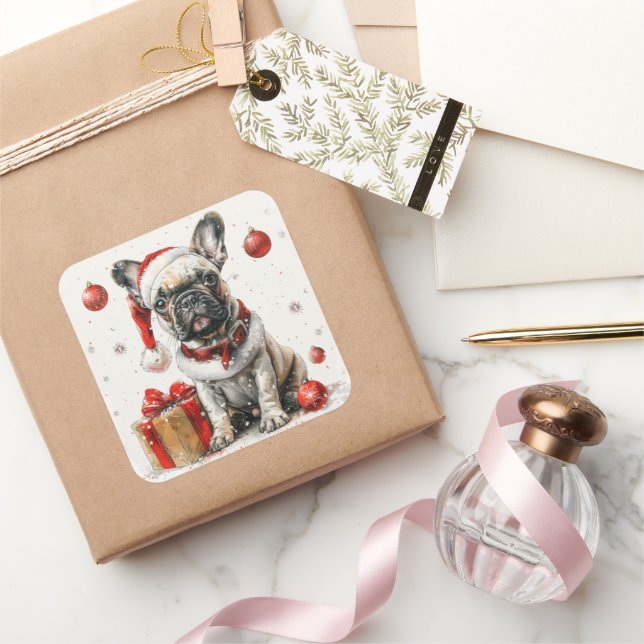 Pegatina Cuadrada Bulldog francés en Santa Suit con caja de regalo (Regalar)