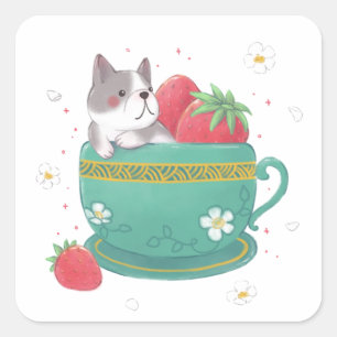 Pegatina Cuadrada Bulldog francés, fresas y Ilustracion de la Copa
