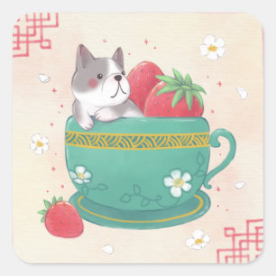 Pegatina Cuadrada Bulldog francés, fresas y Ilustracion de la Copa