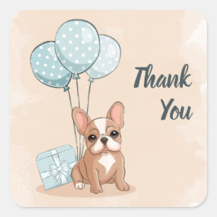 Pegatina Cuadrada Bulldog francés lindo cachorro azul globo Baby Sho