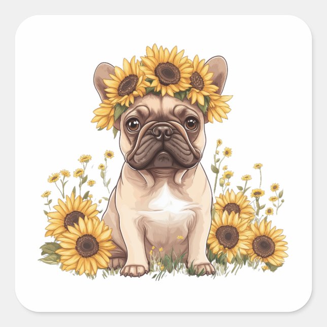 Pegatina Cuadrada Bulldog francés rodeado de girasoles (Anverso)
