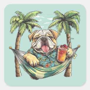 Pegatina Cuadrada Bulldog Inglés con camisa hawaiana