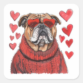 Pegatina Cuadrada Bulldog inglés día de San Valentín