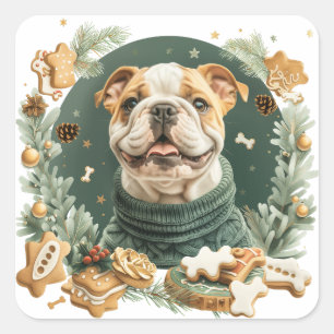 Pegatina Cuadrada Bulldog inglés navidades