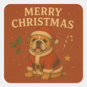 Pegatina Cuadrada Bulldog Navideño Adorable Bulldog con Gorro de San