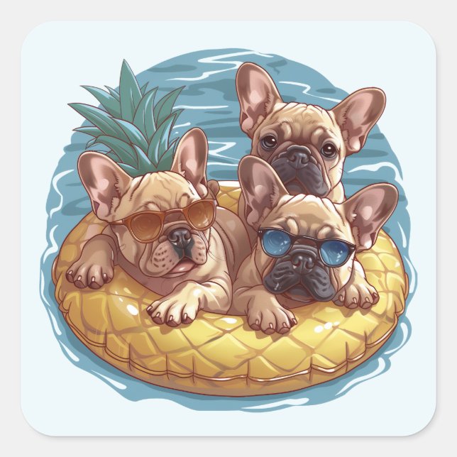 Pegatina Cuadrada Bulldoges franceses fondo de piscina de piña de ve (Anverso)