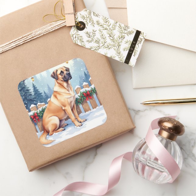 Pegatina Cuadrada Bullmastiff Winter Forest Holly Christmas Art (Regalar)