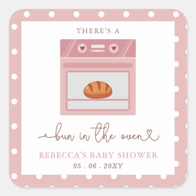 Pegatina Cuadrada Bun In The Oven Pink Baby Girl Baby Shower (Anverso)