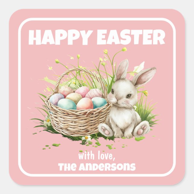 Pegatina Cuadrada Bungalow acuático + cesta|Pascua feliz (Anverso)