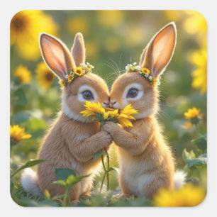 Pegatina Cuadrada Bunnies oliendo un girasol amarillo