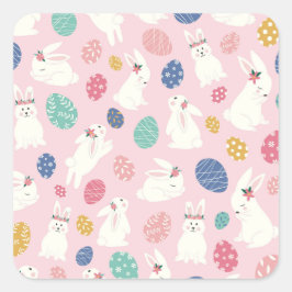 Pegatina Cuadrada Bunnies Y Huevos De Pascua