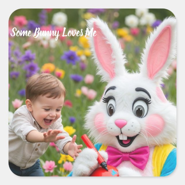 Pegatina Cuadrada Bunny and Kid photo Easter (Anverso)