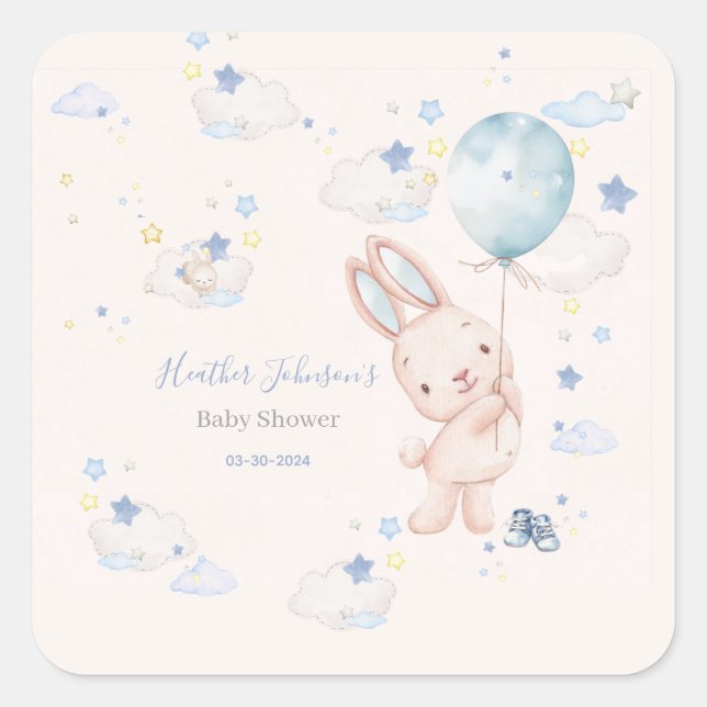 Pegatina Cuadrada Bunny Baby Shower Boy (Anverso)