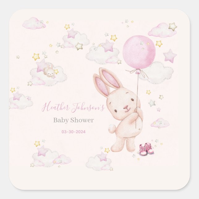 Pegatina Cuadrada Bunny Baby Shower Chica (Anverso)