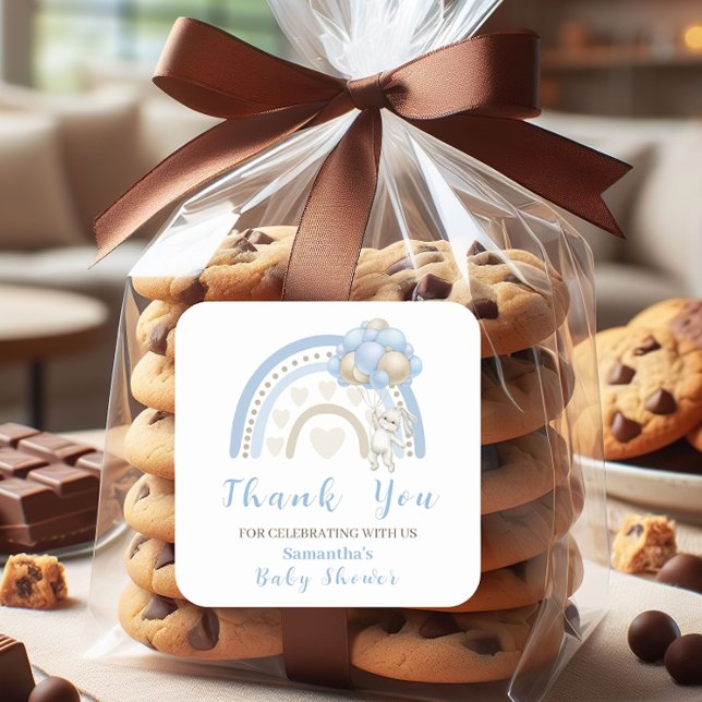 Pegatina Cuadrada Bunny Blue Beige Balloon Baby Shower Gracias (Subido por el creador)