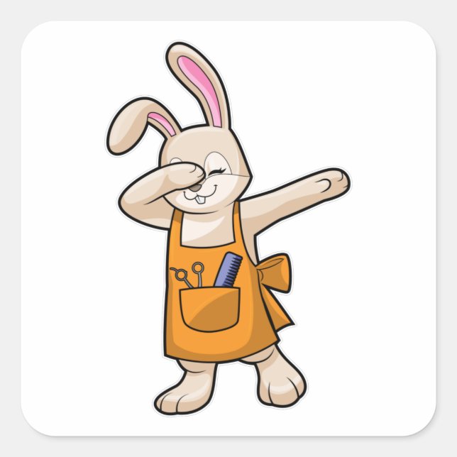 Pegatina Cuadrada Bunny como peluquero con comb y tijera (Anverso)