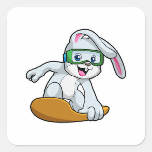 Pegatina Cuadrada Bunny como Snowboarder con Snowboard