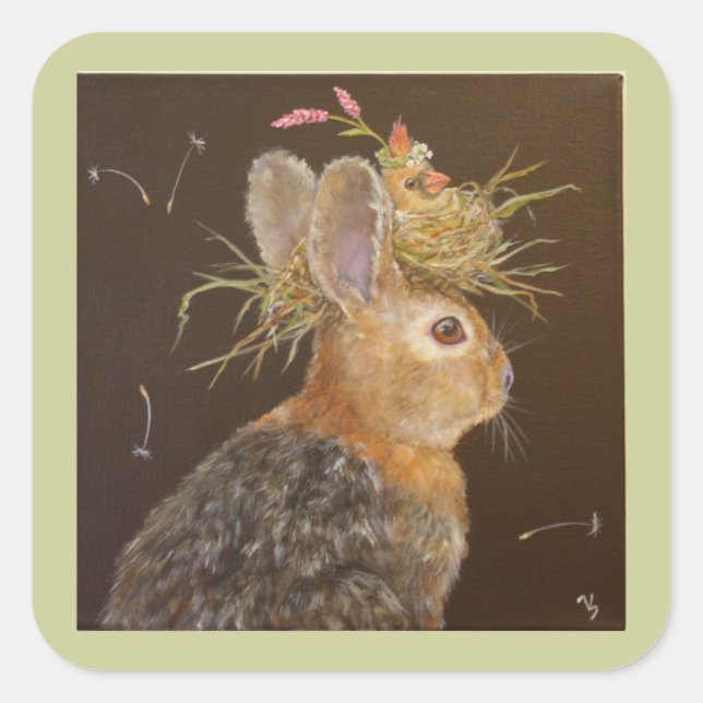 Pegatina Cuadrada Bunny con pegatinas cardinales anidantes (Anverso)