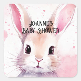 Pegatina Cuadrada Bunny Cute Watercolor Ducha bebé rosa