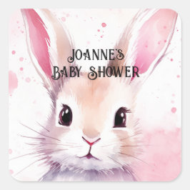 Pegatina Cuadrada Bunny Cute Watercolor Ducha bebé rosa