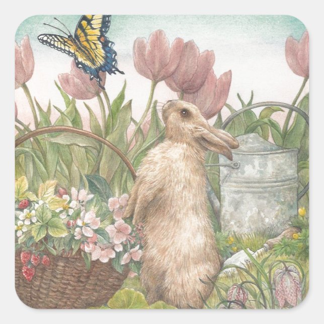 Pegatina Cuadrada Bunny de primavera ilustrado en el jardín (Anverso)
