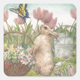 Pegatina Cuadrada Bunny de primavera ilustrado en el jardín