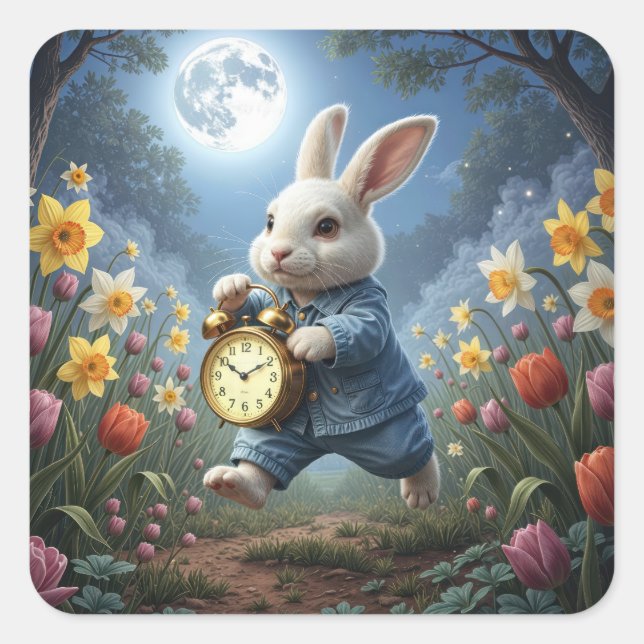 Pegatina Cuadrada Bunny Hopping With an Alarm Clock (Anverso)