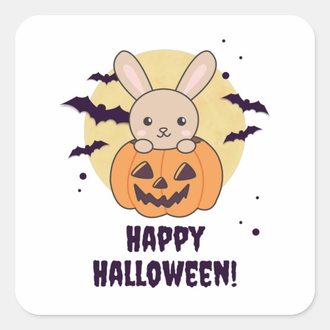 Pegatina Cuadrada Bunny In Pumpkin Cute Bunnies Feliz Halloween (Anverso)