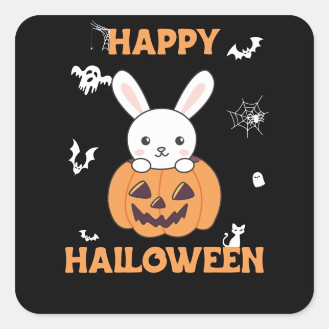 Pegatina Cuadrada Bunny In Pumpkin Cute Bunnies Feliz Halloween (Anverso)