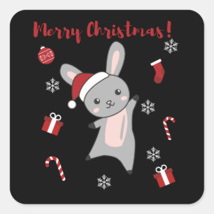 Pegatina Cuadrada Bunny Merry Christmas Winter Animals Rabbits