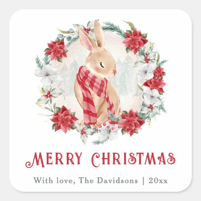 Pegatina Cuadrada Bunny Poinsettia Watercolor Navidades simples (Anverso)