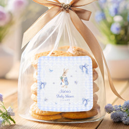 Pegatina Cuadrada Bunny Rabbit Blue Gingham Baby Shower Thank You