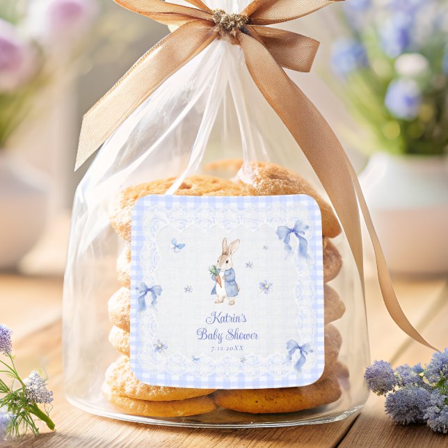 Pegatina Cuadrada Bunny Rabbit Blue Gingham Baby Shower Thank You (Subido por el creador)