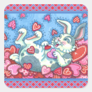 PEGATINA CUADRADA BUNNY RABBIT & COLORIDOS CORAZONES VALENTINAS DE L
