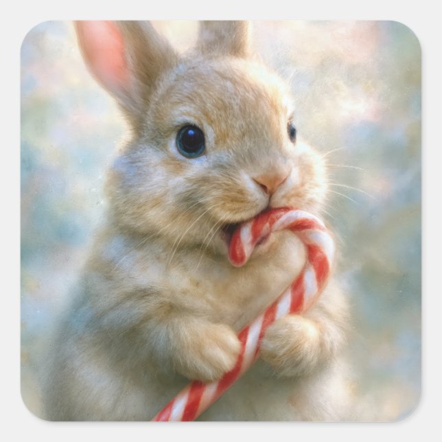 Pegatina Cuadrada Bunny Rabbit Nibbling On a Candy Cane (Anverso)