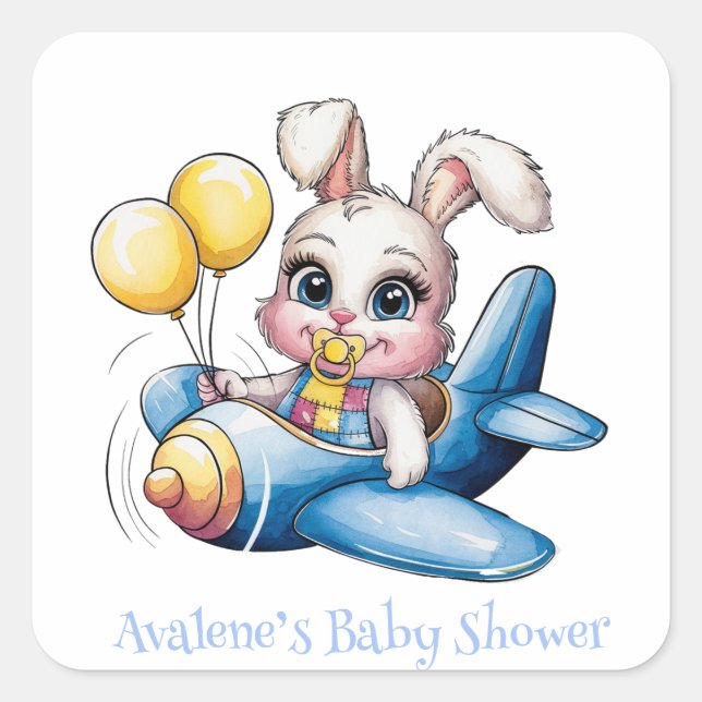 Pegatina Cuadrada Bunny Rabbit Pacifier & Balloons Baby Shower (Anverso)
