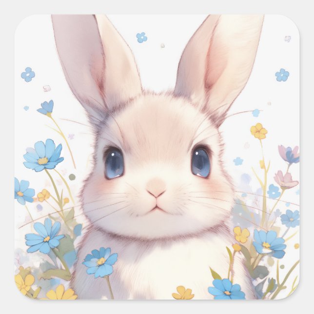 Pegatina Cuadrada Bunny Rabbit with Blue Eyes and Spring Wildflowers (Anverso)