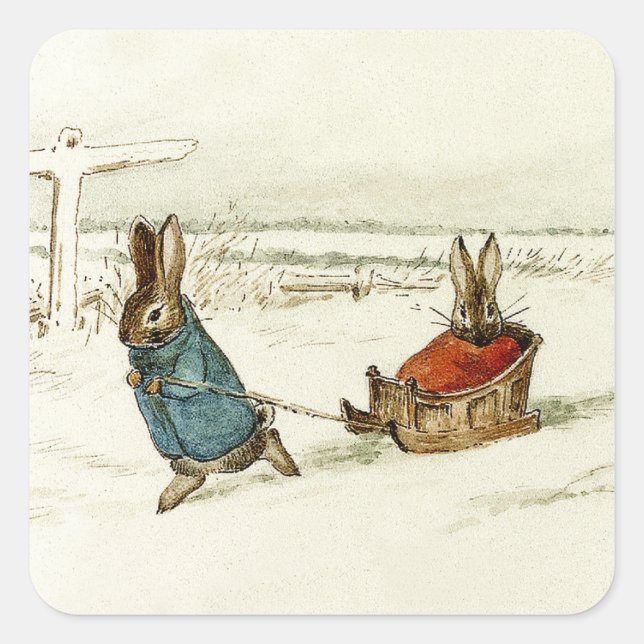 Pegatina Cuadrada “Bunny Sleigh Ride” by Beatrix Potter (Anverso)