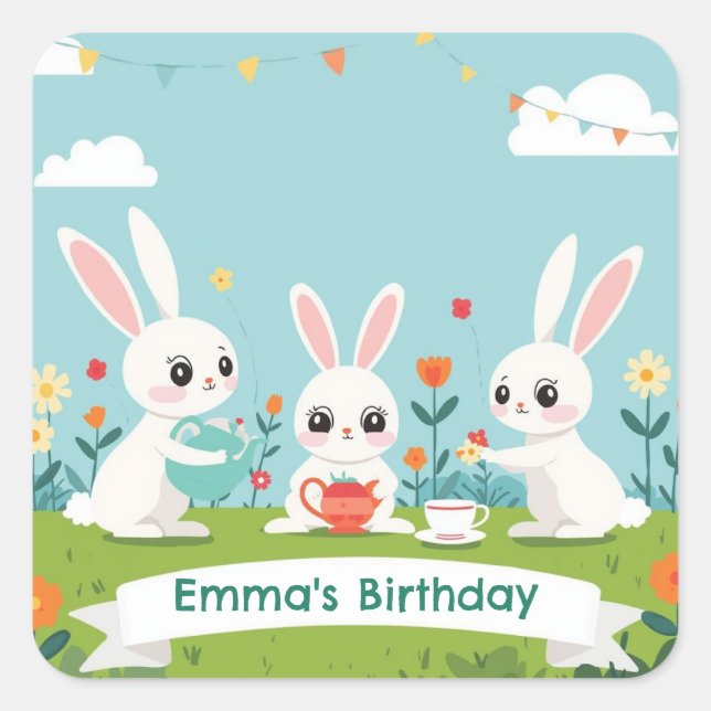 Pegatina Cuadrada Bunny Tea Party Stickers | Cute Rabbit Birthday (Anverso)
