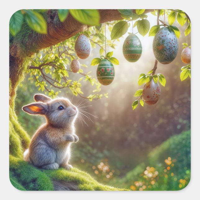 Pegatina Cuadrada Bunny Under A Easter Egre Tree (Anverso)