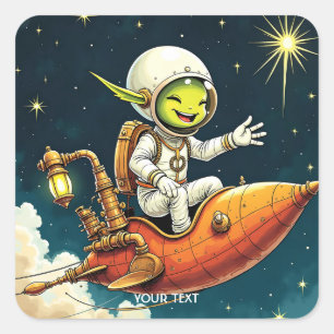 Pegatina Cuadrada Buque espacial Fantasy Cute Alien