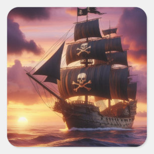 Pegatina Cuadrada Buque pirata al amanecer