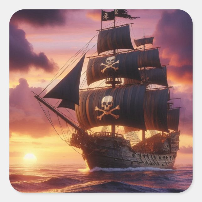 Pegatina Cuadrada Buque pirata al amanecer (Anverso)
