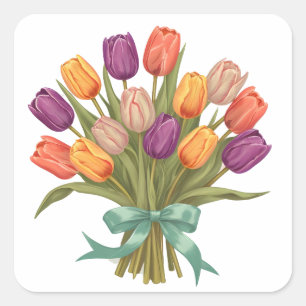 Pegatina Cuadrada Buquet de tulipanes de primavera